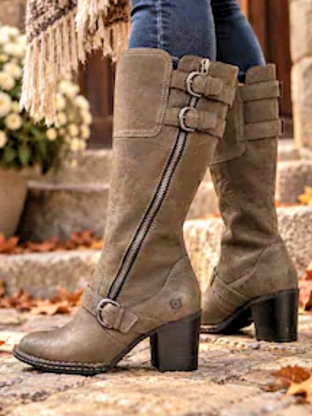 Born Tall Brown Leather Multi Buckle Heeled Boots Size 9